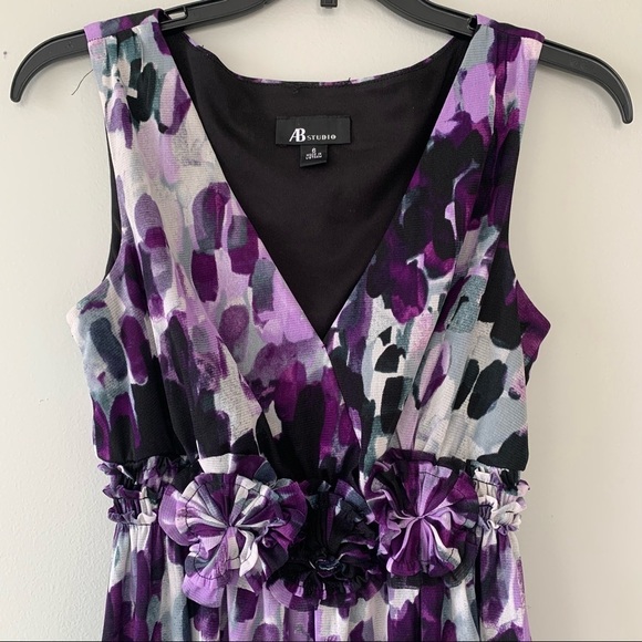 AB Studio Dress Purple Black White Flower V-neck Size 6 - Picture 3 of 10